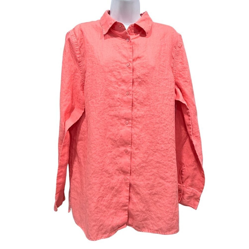 Sutton Studio 100% Linen Button Up Blouse Tunic Coastal Beachy Coral Womens XL‎